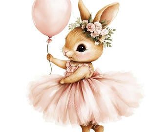 20 Ballerina Bunny Clipart, Floral Bunny, Pink Ballerina, Baby Shower, Printable Watercolor, High-Quality JPGs, Paper Craft, Junk Journal