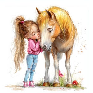 14 Clipart di ragazza eccentrica con cavallo, clipart di cavallo, bambina carina, acquerello stampabile, JPG di alta qualità, carta, diario spazzatura