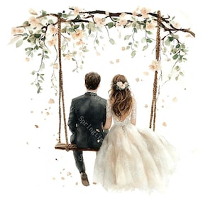 18 Bride and Groom on Swing Clipart, Wedding Clipart, Romantic Wedding Day, Printable Watercolor,High-Quality JPGs, Papercraft, Junk Journal