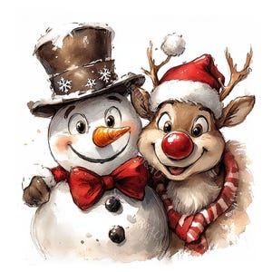 Puede incluir: Ilustración en acuarela de un muñeco de nieve y un reno. El muñeco de nieve lleva un sombrero de copa y una pajarita roja. El reno tiene una nariz roja, un gorro de Papá Noel y una bufanda a rayas rojas y blancas. Tema navideño festivo.