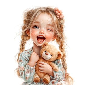 May include: A digital illustration of a smiling girl with blonde braids, blue eyes, and rosy cheeks, winking and holding a brown teddy bear. She wears a light blue patterned pajama top with teddy bear motifs and a pink flower in her hair.