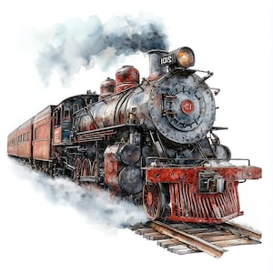 18 Vintage Train Clipart, Steam Locomotive, Christmas Train, Antique Train, Printable Watercolor, High-Quality JPGs, PaperCraft,Junk Journal