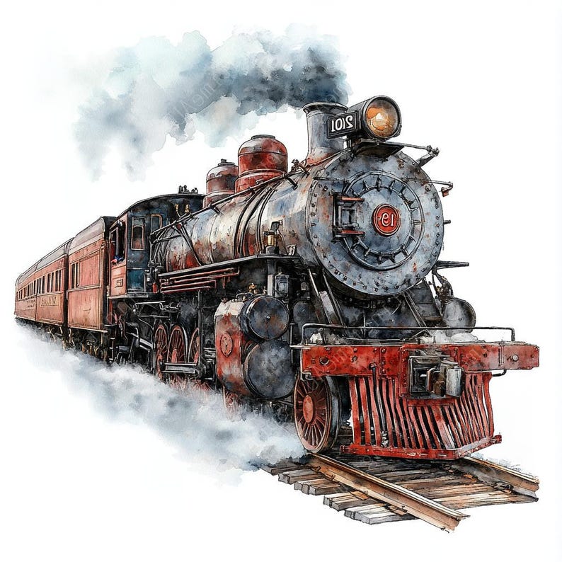18 Vintage Train Clipart, Steam Locomotive, Christmas Train, Antique Train, Printable Watercolor, High-Quality JPGs, PaperCraft,Junk Journal