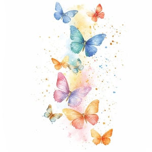 Peut inclure: Illustration à l'aquarelle de papillons colorés dans des tons de bleu, orange, rose et jaune. Les papillons sont disposés verticalement sur un fond aquarelle avec des éclaboussures dorées. L'image est sur fond blanc.