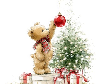 16 Teddy Bear with Christmas Tree Clipart, Baby Bear, Christmas Card, Printable Watercolor, High-Quality PNG/JPGs, Papercraft, Junk Journal