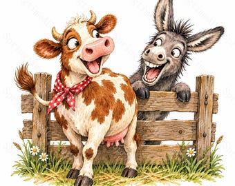 16 Funny Farm Animal Group Clipart, Rustic Watercolor JPG, Donkey Cow Goat Barnyard Friends, Farmhouse Sublimation, Digital Download