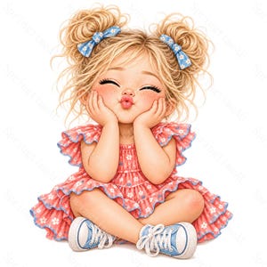 May include: A digital illustration of a blonde child with hair in two messy buns secured by blue floral bows. The child has freckles, closed eyes, and puckered lips, wearing a coral pink dress with a white floral pattern and blue trainers.