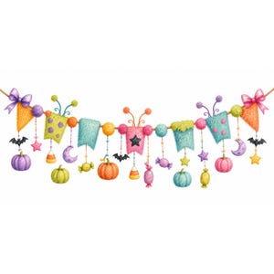 16 Halloween Monster Garland Clipart, Colorful Watercolor JPG, Cute Spooky Party Banner, Invitation Header, Digital Download JPG Set