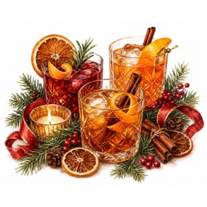 Puede incluir: Tres vasos de cristal llenos de cócteles de color ámbar y rojo intenso, decorados con rodajas de naranja, ramas de canela y romero. El conjunto incluye una vela encendida, ramas de pino, bayas rojas, piñas y una cinta roja.