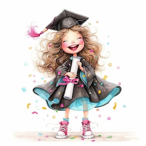 16 Quirky Girl Graduation Clipart, Student Grad Designs, Printable Watercolor, High-Quality JPGs, PaperCraft, Junk Journal, Digital Download