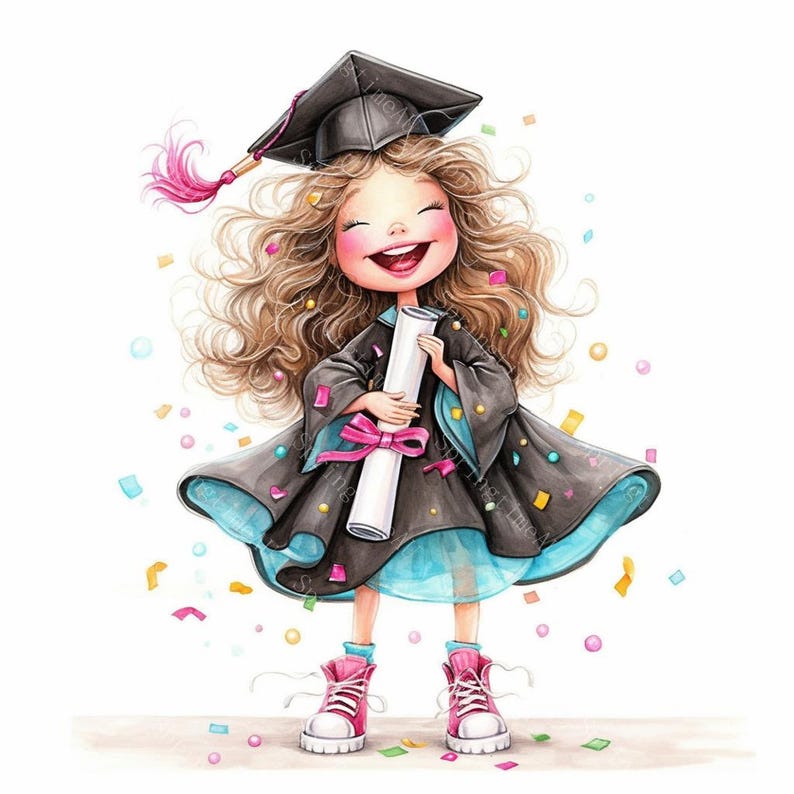 16 Quirky Girl Graduation Clipart, Student Grad Designs, Printable Watercolor, High-Quality JPGs, PaperCraft, Junk Journal, Digital Download