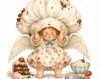 16 Cake Panic Angel Girl Clipart, Funny Baking Cherub Watercolor JPG, Birthday Crafts, Planner Stickers, Digital Download