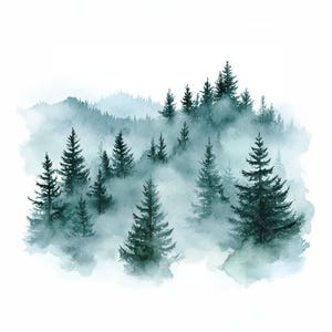 Puede incluir: Pintura a la acuarela de una escena de bosque brumoso. Los &aacute;rboles de hoja perenne de varios tama&ntilde;os se representan en tonos de verde azulado y verde, emergiendo de una suave y brumosa niebla. El fondo muestra monta&ntilde;as distantes.