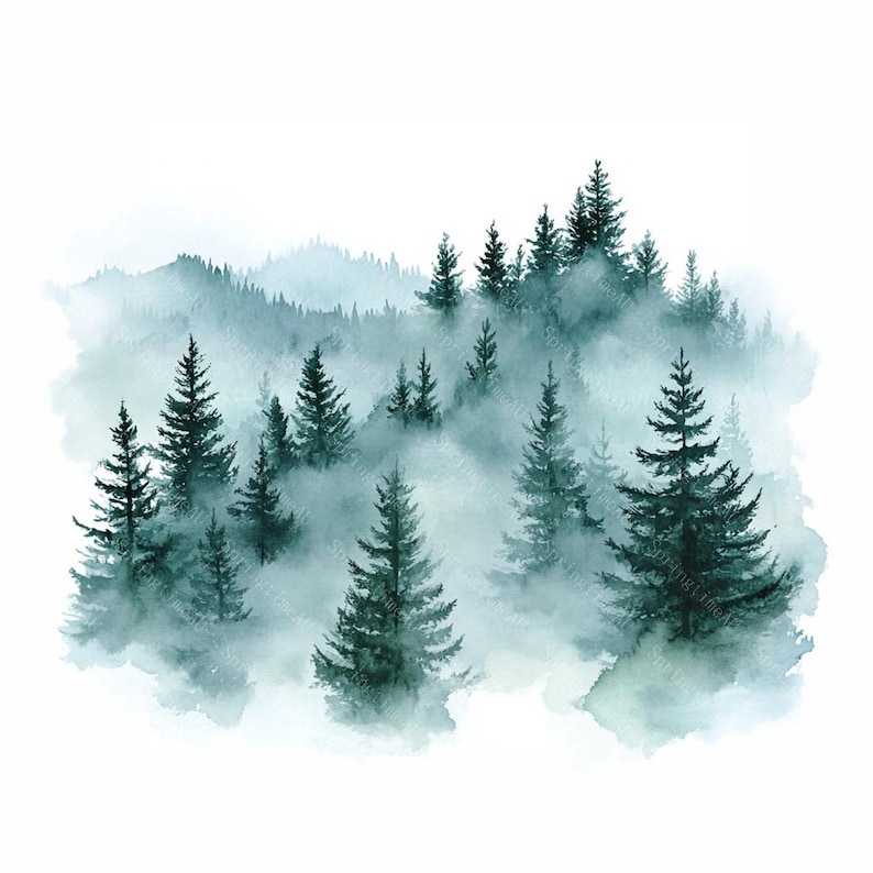 Puede incluir: Pintura a la acuarela de una escena de bosque brumoso. Los &aacute;rboles de hoja perenne de varios tama&ntilde;os se representan en tonos de verde azulado y verde, emergiendo de una suave y brumosa niebla. El fondo muestra monta&ntilde;as distantes.