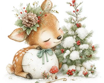 18 Sleeping Christmas Deer Clipart, Reindeer with Santa Hat and Ornaments, Printable Watercolor, High-Quality JPGs, Papercraft, Junk Journal
