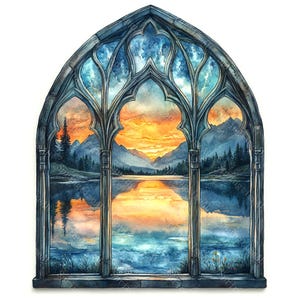 Puede incluir: Pintura a la acuarela de un paisaje escénico visto a través de una ventana de arco gótico. La obra de arte representa una puesta de sol sobre un lago, con montañas y árboles reflejados en el agua. El marco de la ventana es gris frío y el cielo es una mezcla de naranja y azul.