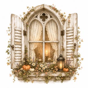 May include: An arched window with distressed white wooden shutters, lace curtains, and a glowing candle inside. The window box is filled with daisies, lavender, ivy, and small orange pumpkins, featuring a black metal lantern with a lit candle.