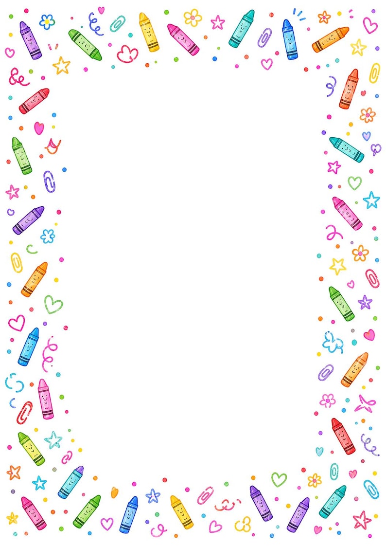 16 Crayon Border Clipart, Printable Classroom Paper JPG, Back To School,  A4 Page, Teacher Worksheet Frames, School Digital Download Kit