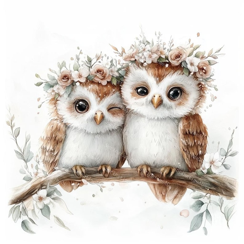 20 Cute Barn Owl Clipart, Woodland Owl, Floral Owl, Nursery Decor, Printable Watercolor, High-Quality JPGs, Papercraft, Junk Journal