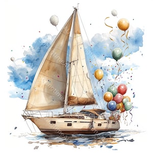 20 imágenes prediseñadas de barcos de dibujos animados, imágenes prediseñadas de veleros, imágenes prediseñadas de acuarela imprimibles, archivos JPG de alta calidad, manualidades de papel, diario basura