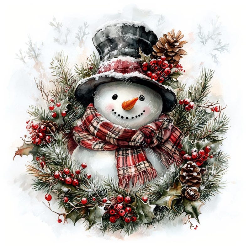 18 Vintage Snowman Clipart, Winter Snowman, Christmas Card, Printable Watercolor, High-Quality JPGs, Papercraft, Junk Journal