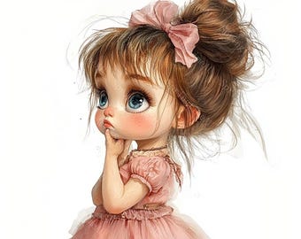 20 süßes kleines Mädchen in rosa Kleid Clipart, Vintage Mädchen, süßes Mädchen, druckbares Aquarell, hochwertige JPGs, Papiermodelle, Junk Journal