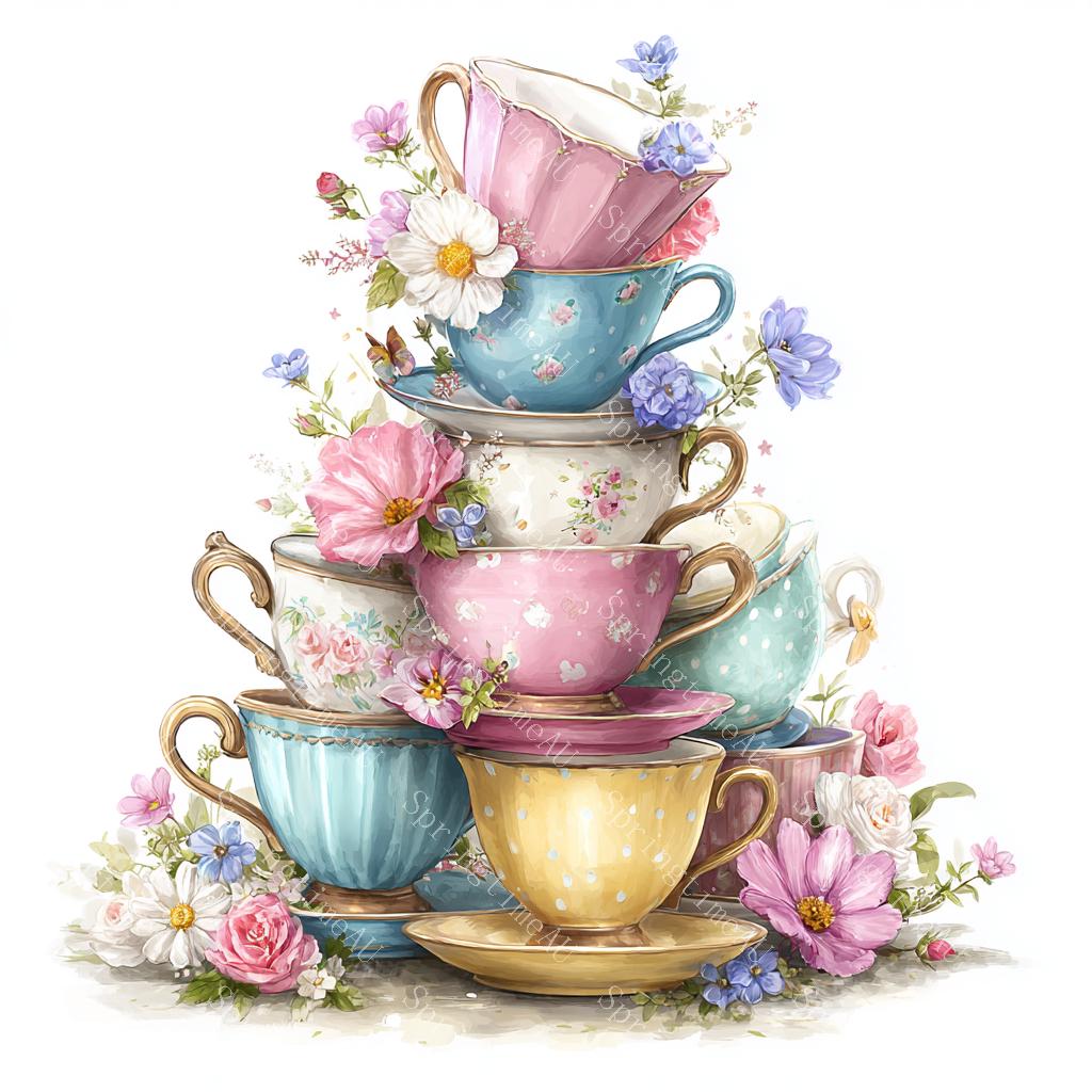Fall Tea Cups Stack 18 Stack of Vintage Tea Cups Clipart, Floral Stack of Teacups Clipart ...