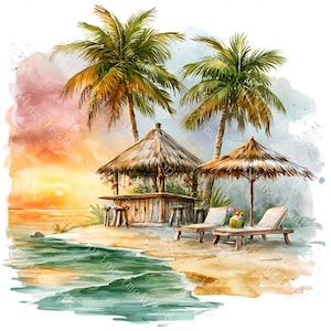 Peut inclure: Peinture à l'aquarelle d'une scène de plage tropicale au coucher du soleil. Comprend des palmiers, un bar au toit de chaume, des chaises longues et un parasol. Les vagues de l'océan sont turquoise et le ciel est un mélange d'orange, de rose et de jaune.
