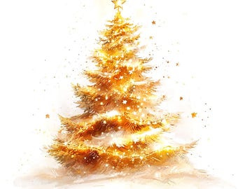 May include: A watercolour illustration of a golden Christmas tree, topped with a star. The tree is decorated with twinkling lights and star-shaped ornaments. The image has a soft, glowing effect, set against a white background.