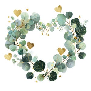 18 Greenery Heart Wreath Clipart, Eucalyptus Frame, Floral heart, Printable Watercolor, High-Quality JPGs, Papercraft, Junk Journal