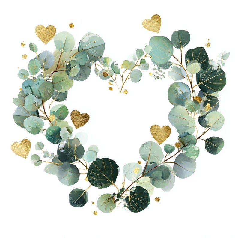 18 Greenery Heart Wreath Clipart, Eucalyptus Frame, Floral heart, Printable Watercolor, High-Quality JPGs, Papercraft, Junk Journal