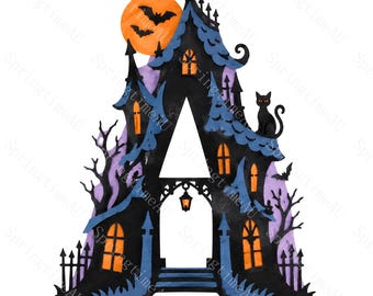 26 Haunted House Alphabet Clipart, Spooky Paper Cut JPG Letters, Gothic Mansion Monogram for Halloween Crafts, Digital Download