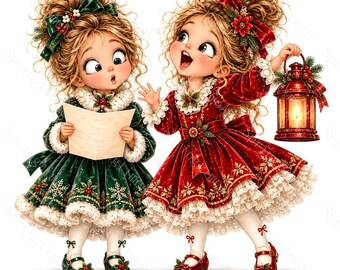 16 Funny Christmas Caroling Girls Clipart, Cute Singing Duo Watercolor JPG, Holiday Music Sublimation, Planner Stickers, Digital Download