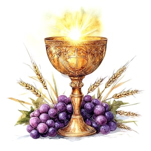 May include: A watercolor illustration of a golden chalice with a cross, surrounded by purple grapes, wheat stalks, and a bright light emanating from the chalice. The chalice has ornate detailing.