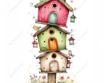 20 nyckfulla fågelholk Clipart, Cottagecore Garden fågelholk akvarell, nyckfulla trädgårds-JPG-bilder, digital nedladdning, kommersiellt bruk