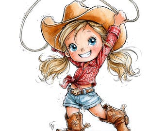 18 Cute Cowgirl Clipart, Watercolor Western Girl PNG, Diverse Kids, Printable Storybook, High-Quality JPGs, Scrapbooking, Junk Journal