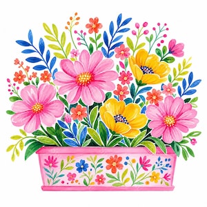 16 Vibrant Preppy Floral Planter Clipart, Watercolor Flower Pot JPG, Bright Floral Arrangement, Sublimation Digital Download, Commercial Use