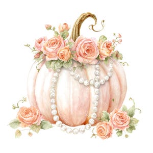 May include: A watercolor illustration of a light pink pumpkin adorned with peach-colored roses and a pearl necklace. The pumpkin has a curved, brown stem and is surrounded by green leaves, creating a floral and autumnal theme.
