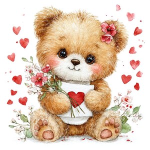 Op de afbeelding: Waterverfillustratie van een bruine teddybeer met een kaart met een rood hart en een boeket bloemen. De beer heeft een bloem in zijn haar en is omringd door rode harten en bloemaccenten, alles op een witte achtergrond.