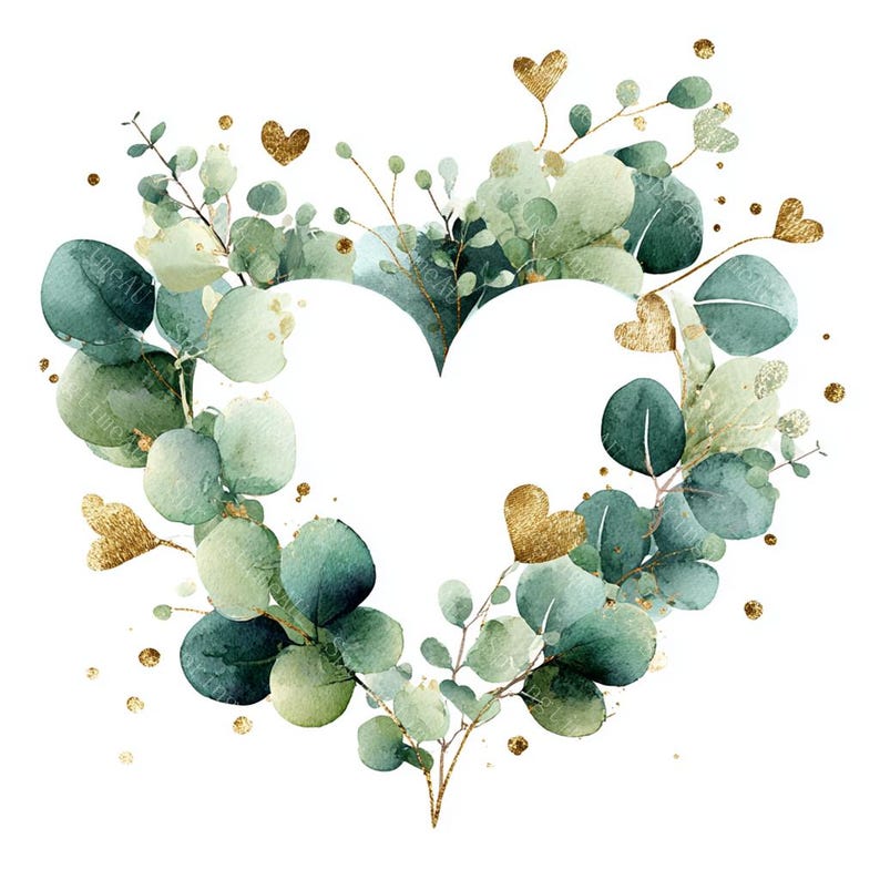18 Greenery Heart Wreath Clipart, Eucalyptus Frame, Floral heart, Printable Watercolor, High-Quality JPGs, Papercraft, Junk Journal