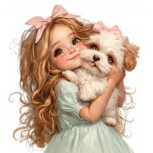 18 cliparts fille originale avec chien, meilleure amie fille avec chien, amie des chiens, aquarelle imprimable, fichiers JPG de haute qualité, créations en papier, journal indésirable