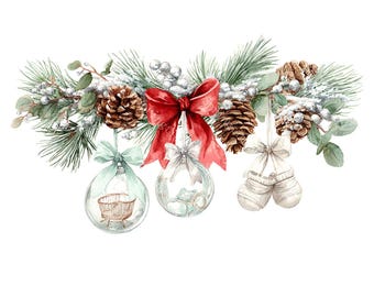 May include: Watercolor illustration of a Christmas garland with pine needles, pine cones, and ornaments. A red bow is centered above a clear glass ornament. Two other ornaments are suspended below, one with a crib inside and the other with baby mittens.