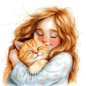 20 Quirky Girl with Cat Clipart, Cat Lover Gift, Cute Baby Girl, Printable Watercolor,High-Quality JPGs, Paper Craft, Junk Journal