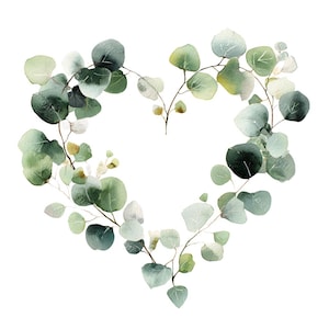 18 Greenery Heart Wreath Clipart, Eucalyptus Frame, Floral heart, Printable Watercolor, High-Quality JPGs, Papercraft, Junk Journal