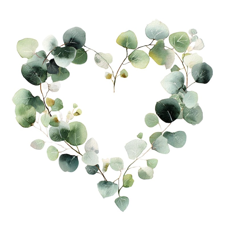 18 Greenery Heart Wreath Clipart, Eucalyptus Frame, Floral heart, Printable Watercolor, High-Quality JPGs, Papercraft, Junk Journal