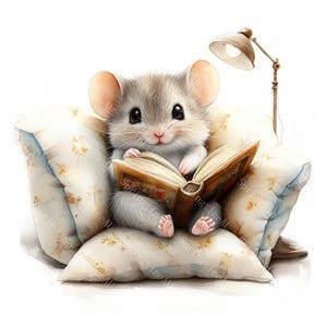 May include: A watercolor illustration of a cute mouse reading a book while sitting on a floral pillow. The mouse has gray fur, big black eyes, and pink paws. A small lamp is next to the mouse.