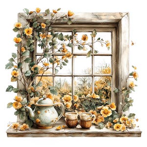 20 gezellig raam met theetijd Clipart, Floral Windows Clipart, Shabby Chic, Afdrukbare aquarel, Hoogwaardige JPG's, Paper Craft, Junk Journal