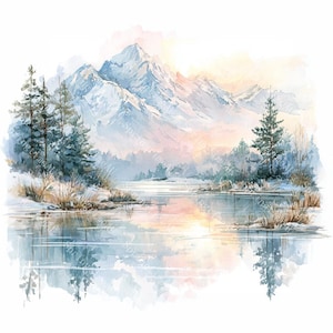 20 cliparts paysage lac, paysage naturel, lac de montagne, aquarelle imprimable, fichiers JPG de haute qualité, création de papier, journal indésirable, téléchargement numérique