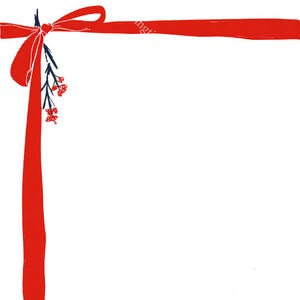 May include: A red ribbon with a bow and a decorative sprig of berries and leaves. The ribbon is positioned in the upper left corner and extends down the left side of the image. The background is white.