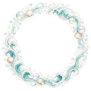 May include: A circular frame illustration featuring watercolor-style teal ocean waves, white sea foam, scattered translucent bubbles, small beige seashells, and tiny gold starfish arranged in a continuous ring pattern on a white background.